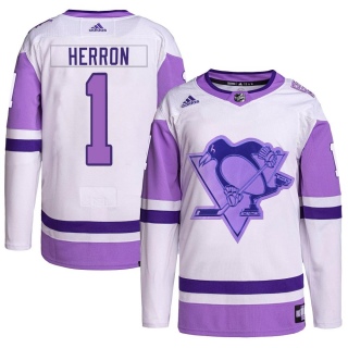 Men's Denis Herron Pittsburgh Penguins Adidas Hockey Fights Cancer Primegreen Jersey - Authentic White/Purple