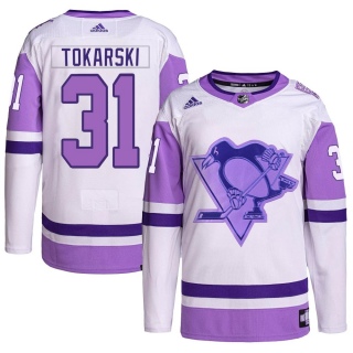 Men's Dustin Tokarski Pittsburgh Penguins Adidas Hockey Fights Cancer Primegreen Jersey - Authentic White/Purple