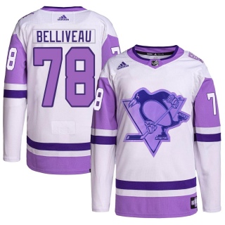 Men's Isaac Belliveau Pittsburgh Penguins Adidas Hockey Fights Cancer Primegreen Jersey - Authentic White/Purple
