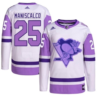 Men's Josh Maniscalco Pittsburgh Penguins Adidas Hockey Fights Cancer Primegreen Jersey - Authentic White/Purple