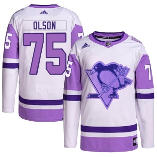 Men's Kyle Olson Pittsburgh Penguins Adidas Hockey Fights Cancer Primegreen Jersey - Authentic White/Purple