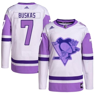 Men's Rod Buskas Pittsburgh Penguins Adidas Hockey Fights Cancer Primegreen Jersey - Authentic White/Purple