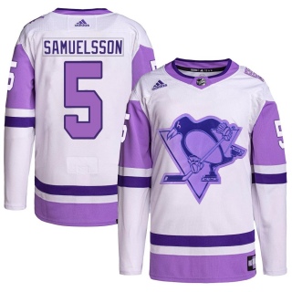 Men's Ulf Samuelsson Pittsburgh Penguins Adidas Hockey Fights Cancer Primegreen Jersey - Authentic White/Purple